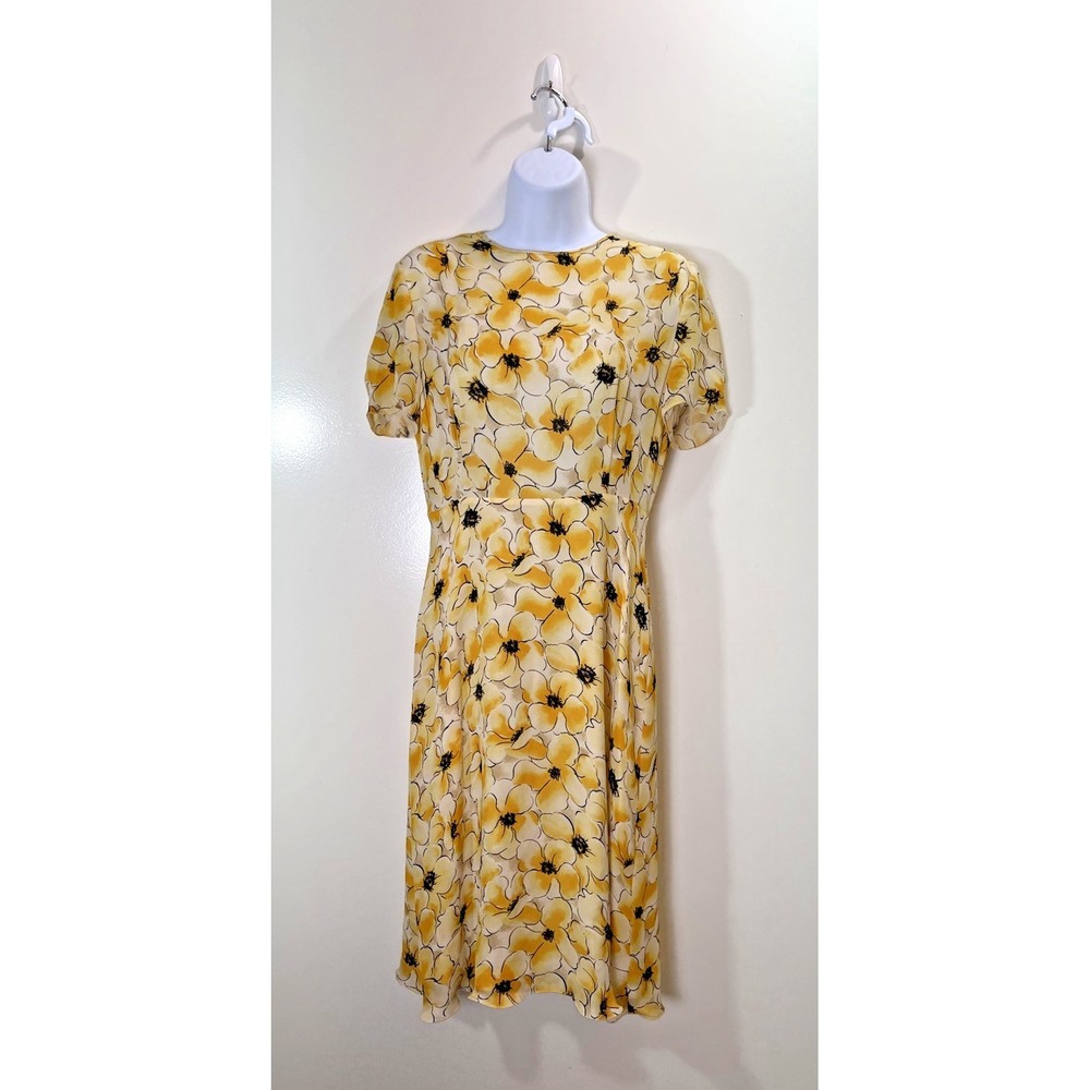 Hugo Buscati Womens Silk Dress S 6 Yellow Floral Sheer Cottagecore Wedding Guest